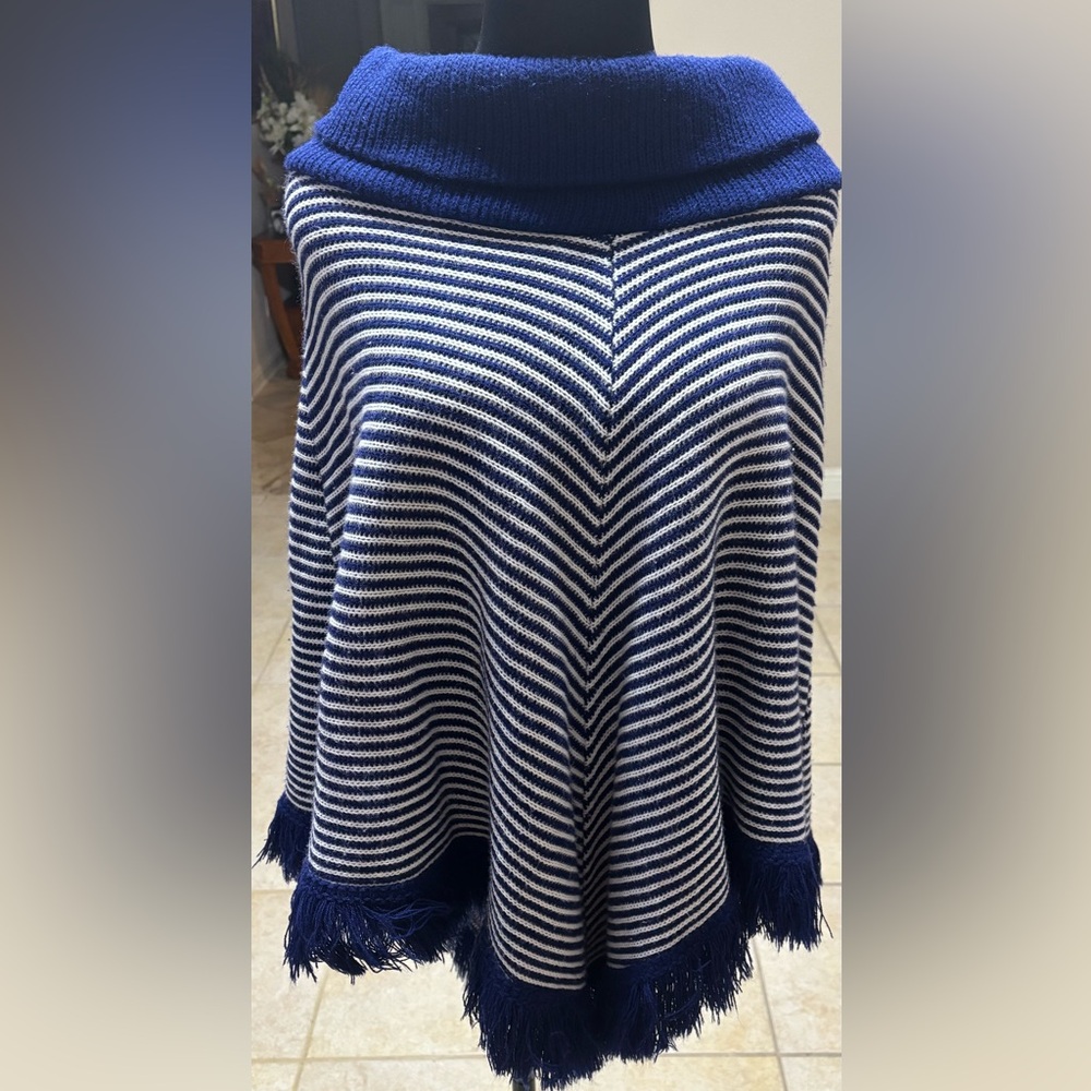 Vintage ILGWU Union-Made USA Knit Poncho Cape, Navy/White Stripe Fringe